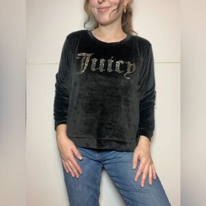 Juicy Couture Black Velour Rhinestone Logo Long Sleeve Top M
